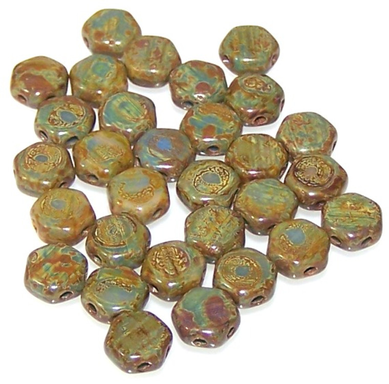 Czech Glass 6mm Honeycomb Hex 2-Hole Beads - Hodge Podge Blue Travertine