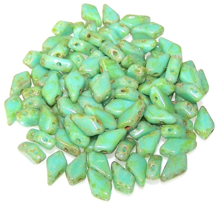 9x5mm Czech Glass Kite Beads - Turquoise Green Dark Travertine