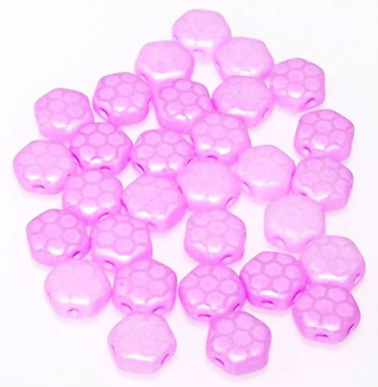 Czech Glass 6mm Honeycomb Hex 2-Hole Beads - Silk Laser Pink Core