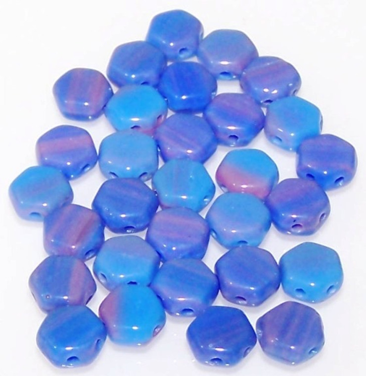 Czech Glass 6mm Honeycomb Hex 2-Hole Beads - Hodge Podge Blue