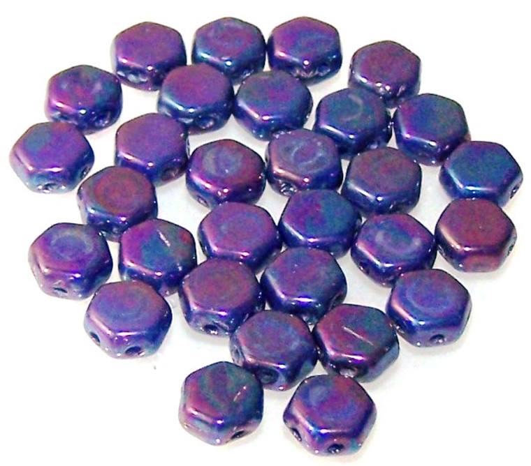 Czech Glass 6mm Honeycomb Hex 2-Hole Beads - Hodge Podge Blue Nebula