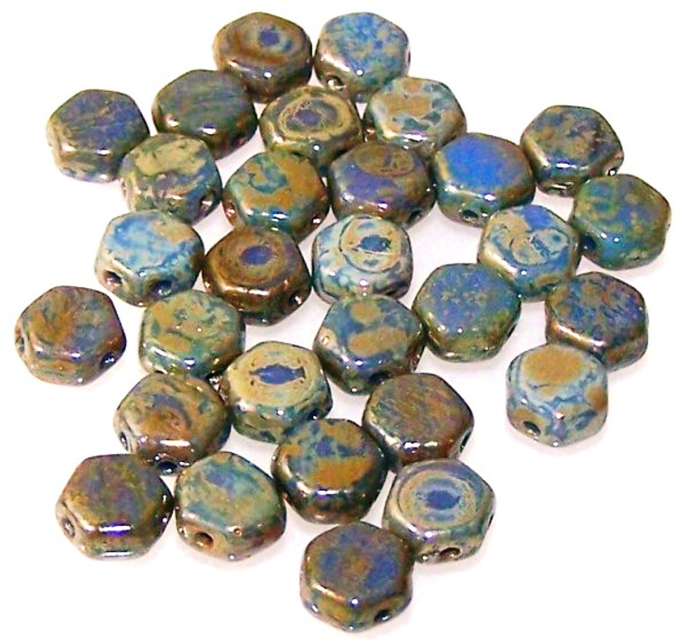 Czech Glass 6mm Honeycomb Hex 2-Hole Beads - Hodge Podge Blue Picasso