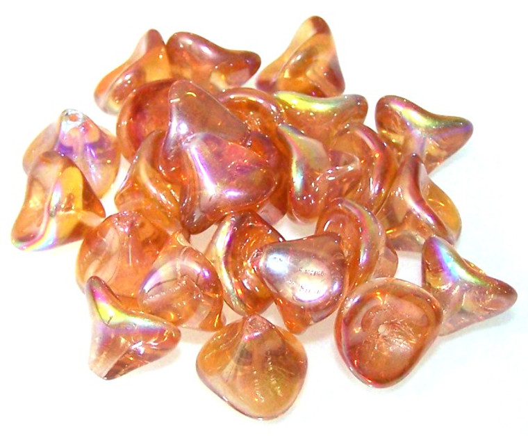 Czech Glass 10x12mm 3-Petal Flower Beads - Crystal Orange Rainbow