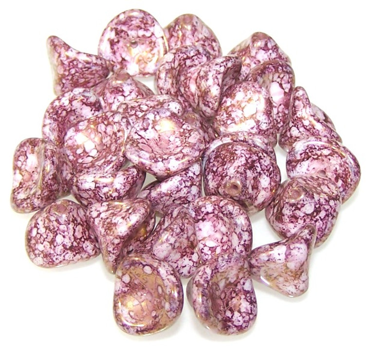 Czech Glass 10x12mm 3-Petal Flower Beads - Chalk White Terracotta Purple