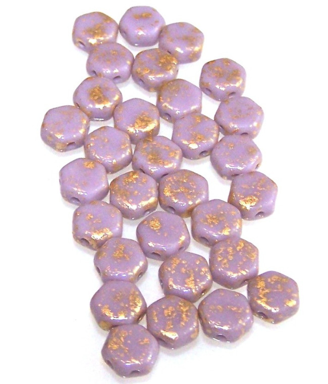 Czech Glass 6mm Honeycomb Hex 2-Hole Beads - Gold Splash Purple