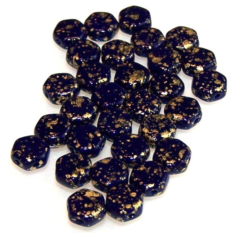 Czech Glass 6mm Honeycomb Hex 2-Hole Beads - Gold Splash Navy