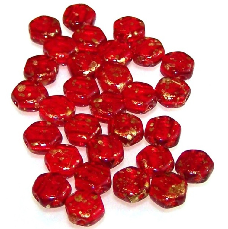 Czech Glass 6mm Honeycomb Hex 2-Hole Beads - Gold Splash Ruby