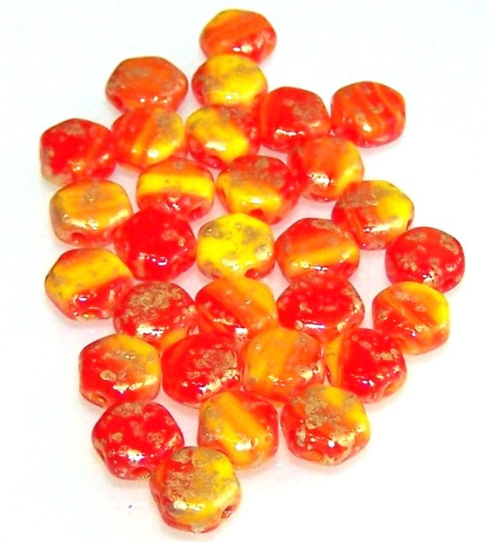 Czech Glass 6mm Honeycomb Hex 2-Hole Beads - Gold Splash Orange