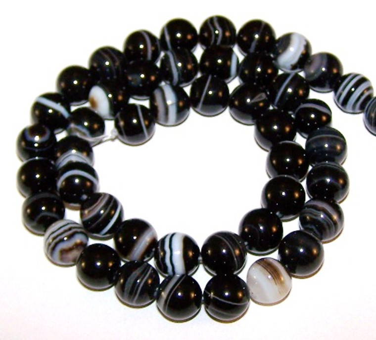 8mm Round Semiprecious Gemstone Beads - Black Striped Agate