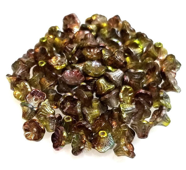 Czech Glass 7x5mm Flower Cup Beads - Crystal Magic Green