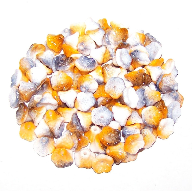 Czech Glass 7x5mm Flower Cup Beads - Chalk White Funky Copper