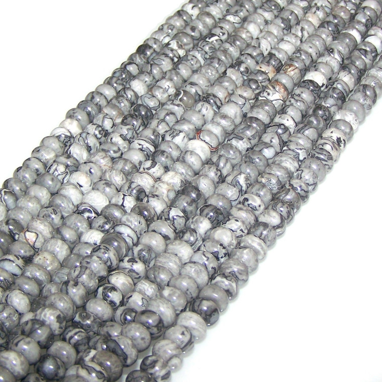 8x5mm Puff Rondelle Semiprecious Gemstone Beads - Black Map Jasper