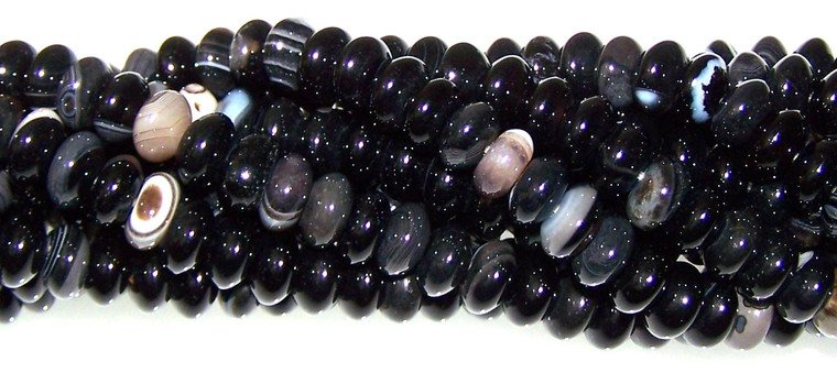 8x5mm Puff Rondelle Semiprecious Gemstone Beads - Black Striped Agate