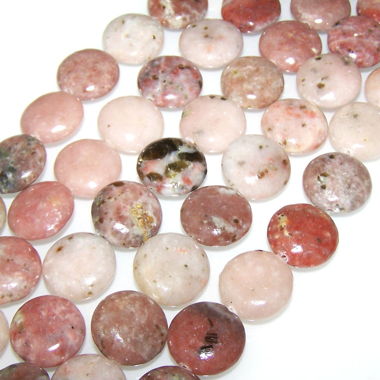 20mm Puff Coin Semiprecious Gemstone Beads - Red Plum Blossom Jasper