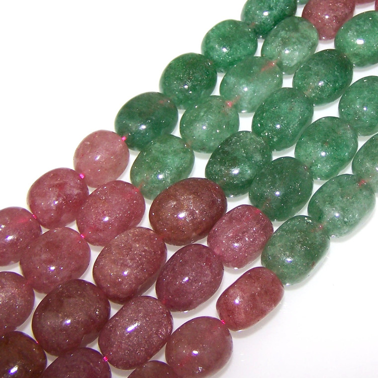 Semiprecious Gemstone Large Nugget Beads - Green and Strawberry Quartz