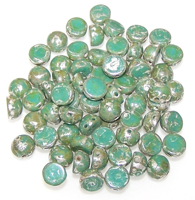 6mm Czech Glass 2-Hole Cabochon Beads - Green Turquoise Picasso