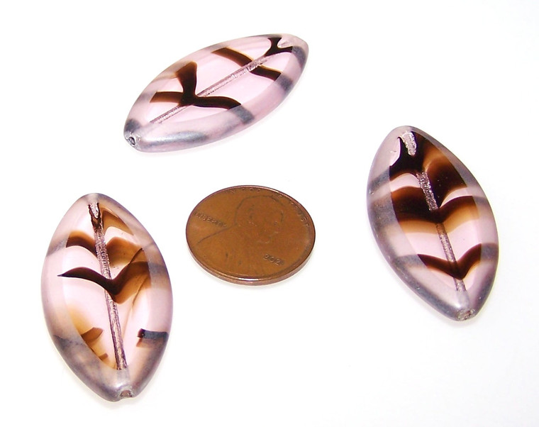Pink Black Swirl Czech Glass Table Cut 18x36mm Oval Beads