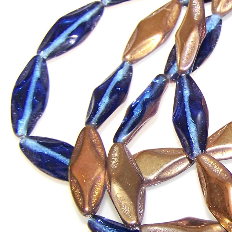 Czech Glass Pressed Glass Sapphire Capri Gold 10x25mm Oval Beads