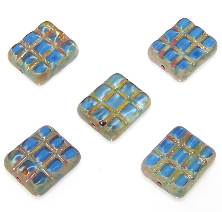 Sky Blue Picasso 15x13mm Pressed Glassed Rectangle Beads