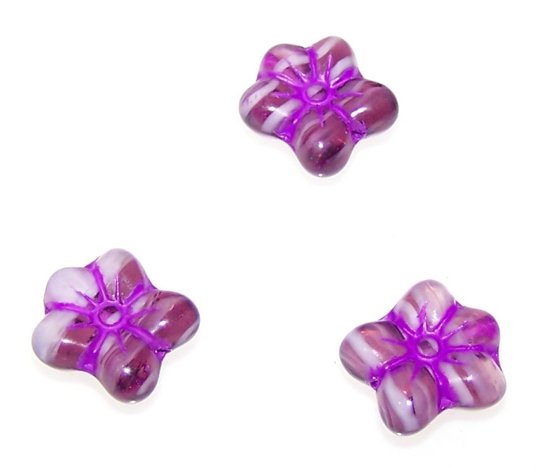 Czech Glass 14mm 5-Petal Pressed Flower Beads - Pink Amethyst Purple Inlay