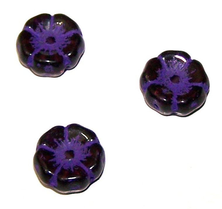 Czech Glass 12mm Hawaii Flower Beads - Dark Amethyst Purple Inlay