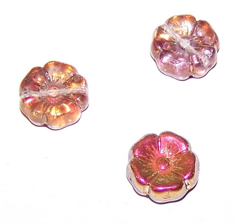 Czech Glass 12mm Hawaii Flower Beads - Crystal Purple Gold Iris