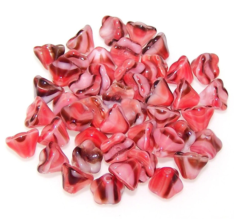 Czech Glass 8x6mm Flower Bell Beads - Pink Swirl