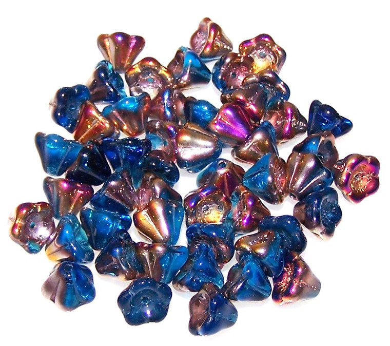 Czech Glass 8x6mm Flower Bell Beads - Aqua Capri Gold