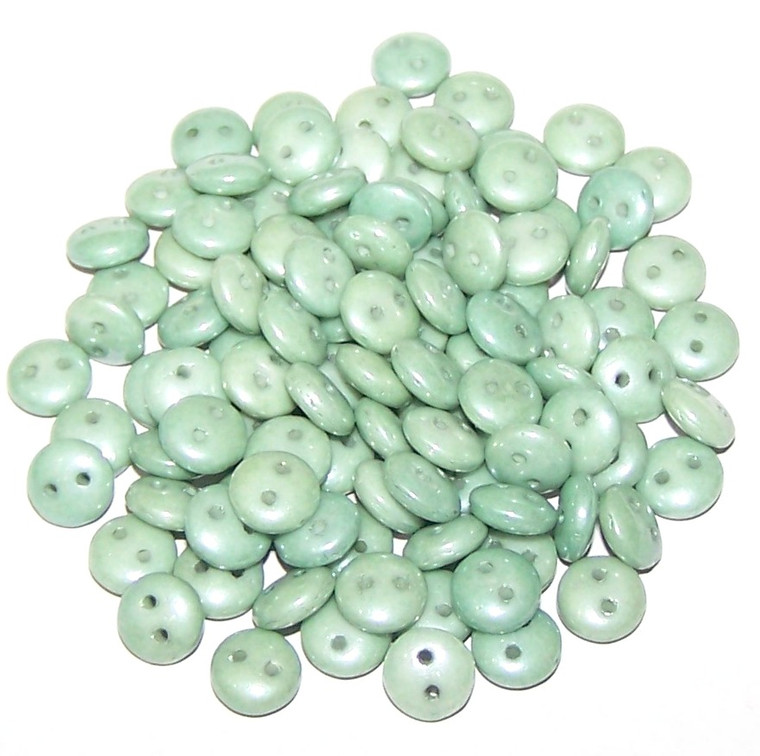 Czech 2-Hole 6mm Lentil Beads - Chalk White Teal Luster