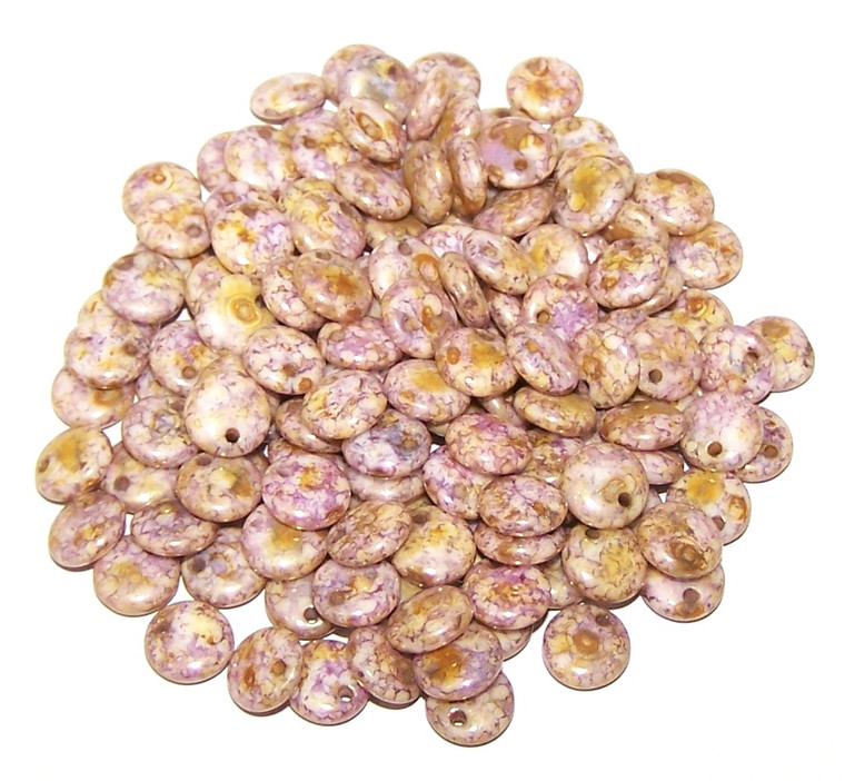 Czech 1-Hole 6mm Lentil Beads - Chalk White Lila Gold Luster