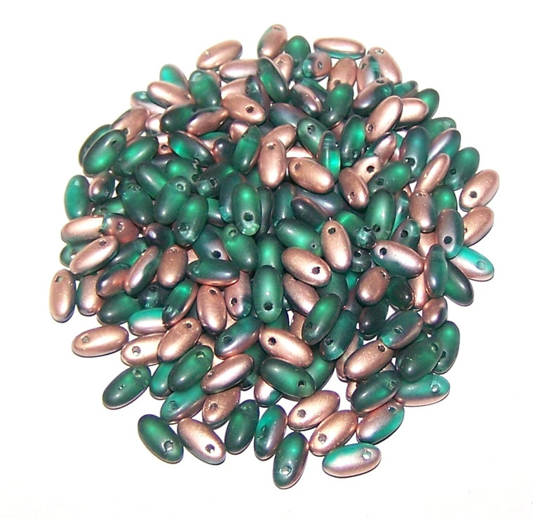 2.5x6mm Czech Glass Rizo Beads - Emerald Capri Gold Matte