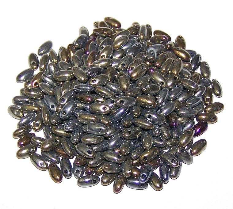 2.5x6mm Czech Glass Rizo Beads - Jet Brown Iris