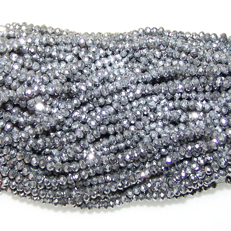 3x2mm Glass Crystal Rondelle Beads - Metallic Silver