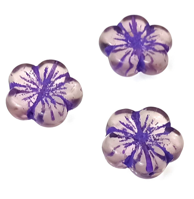 Czech Glass 20mm Hibiscus Flower Beads - Crystal Amethyst Purple Inlay