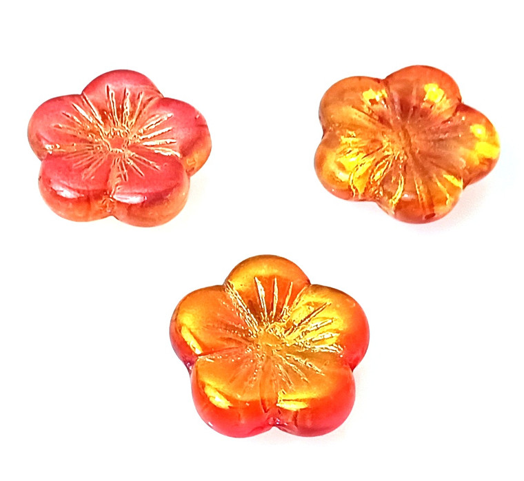 Czech Glass 20mm Hibiscus Flower Beads - Fire Orange Luster