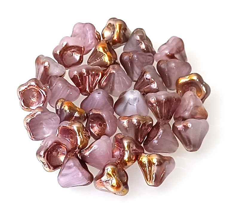 10 Czech Glass 10x9mm Flower Bell Beads - Pink Opal Mixed Capri Gold