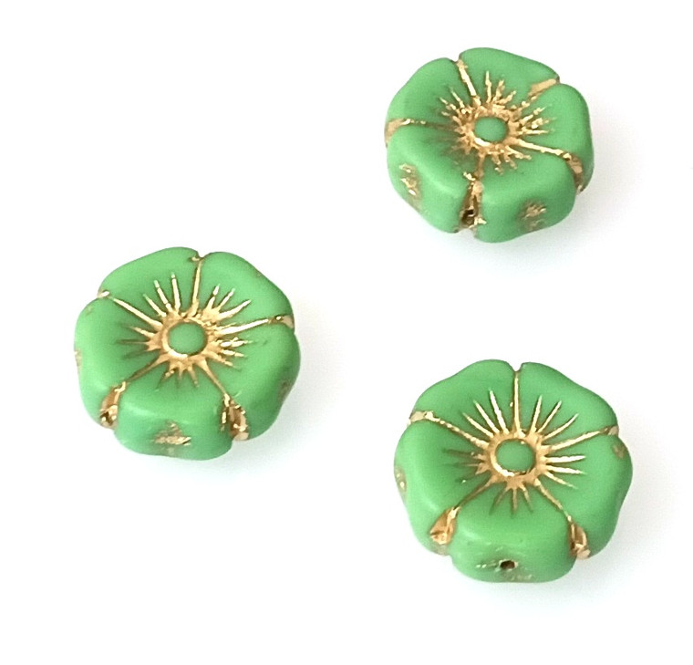 5 Czech Glass 20mm Hawaii Flower Beads - Peridot Gold Inlay