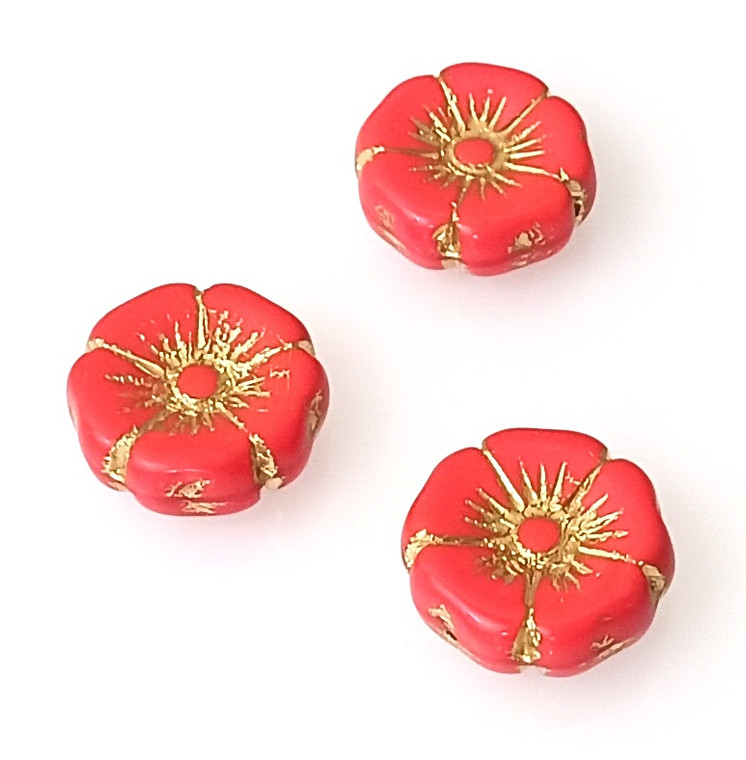 5 Czech Glass 20mm Hawaii Flower Beads - Coral Gold Inlay
