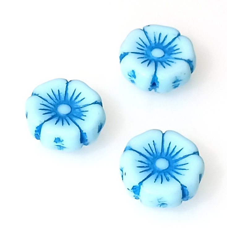 5 Czech Glass 20mm Hawaii Flower Beads - Aqua Blue Inlay