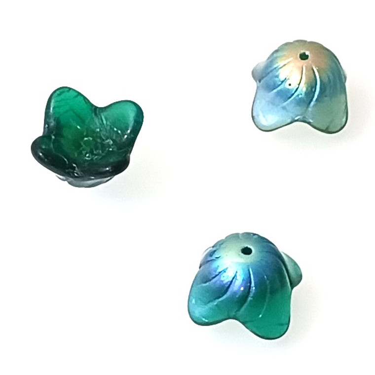 5 Czech Glass 15x9mm 4-Petal Flower Bell Beads - Blue Emerald