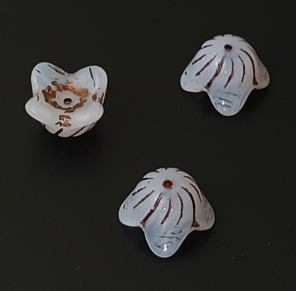 5 Czech Glass 15x9mm 4-Petal Flower Bell Beads - Opal Lavender Bronze