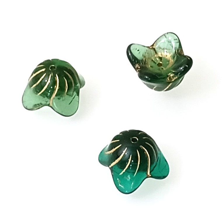 5 Czech Glass 15x9mm 4-Petal Flower Bell Beads - Dark Green Bronze