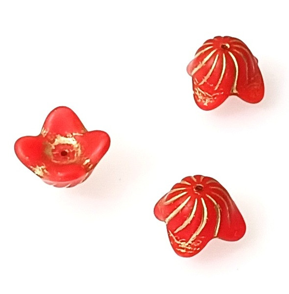 7 Czech Glass 15x9mm 4-Petal Flower Bell Beads - Opaque Red Orange