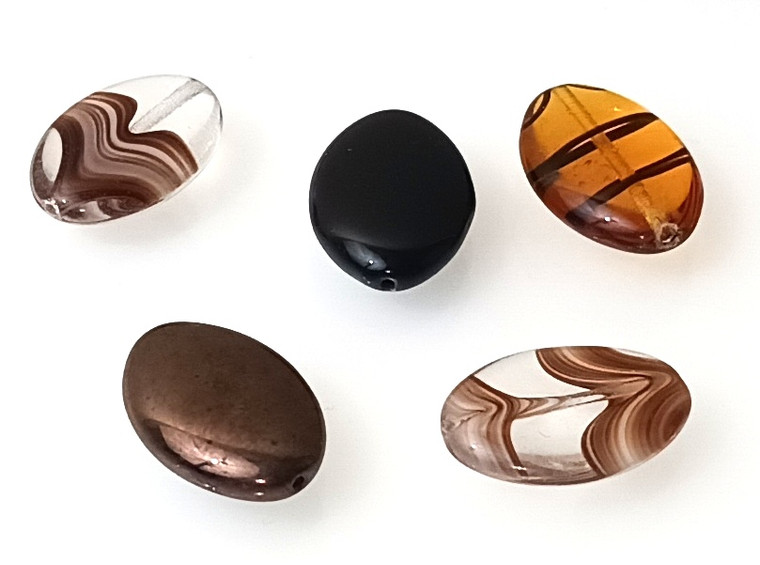 6 Czech Glass Pressed Glass Mixed Brown 14x20mm Oval Beads