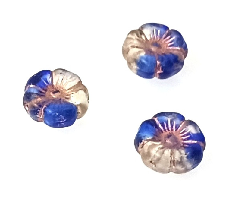 Czech Glass 12mm Hawaii Flower Beads - Crystal Blue Gold Inlay