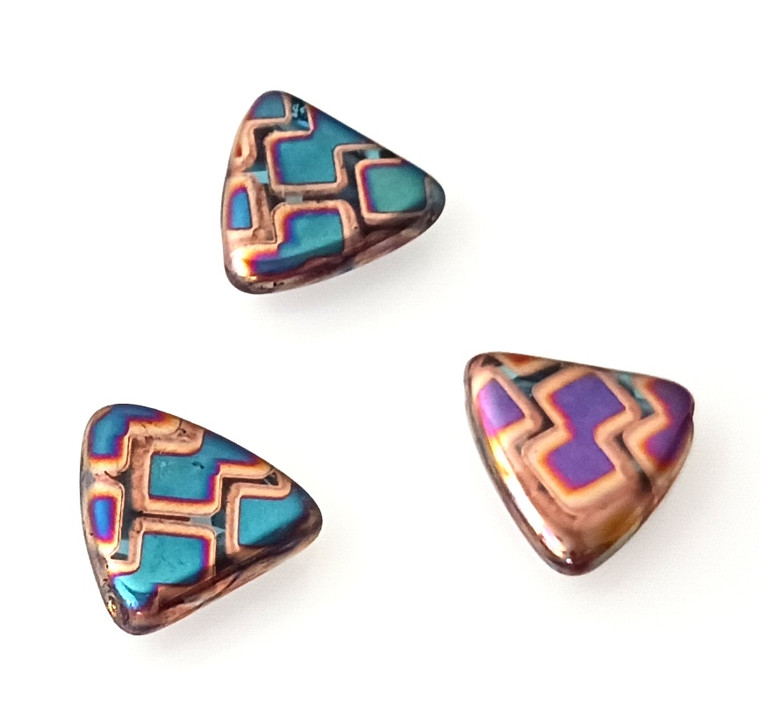 5 Czech Glass 17mm Triangle Beads MultiColor Aqua Pattern
