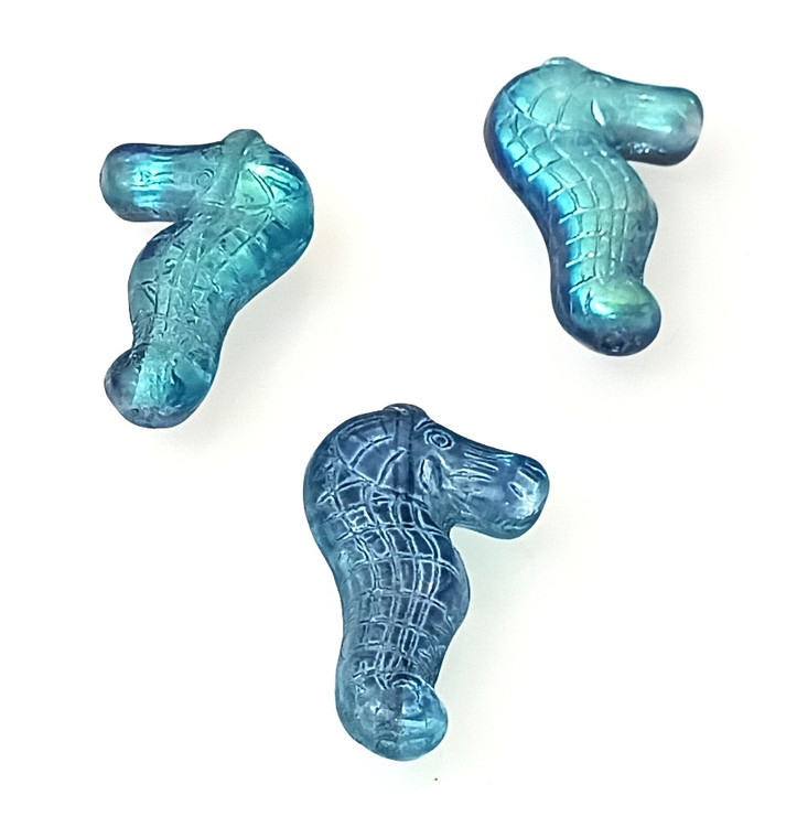 2 Seahorse 28x18mm Pressed Czech Glass Beads - Twilight Blue AB