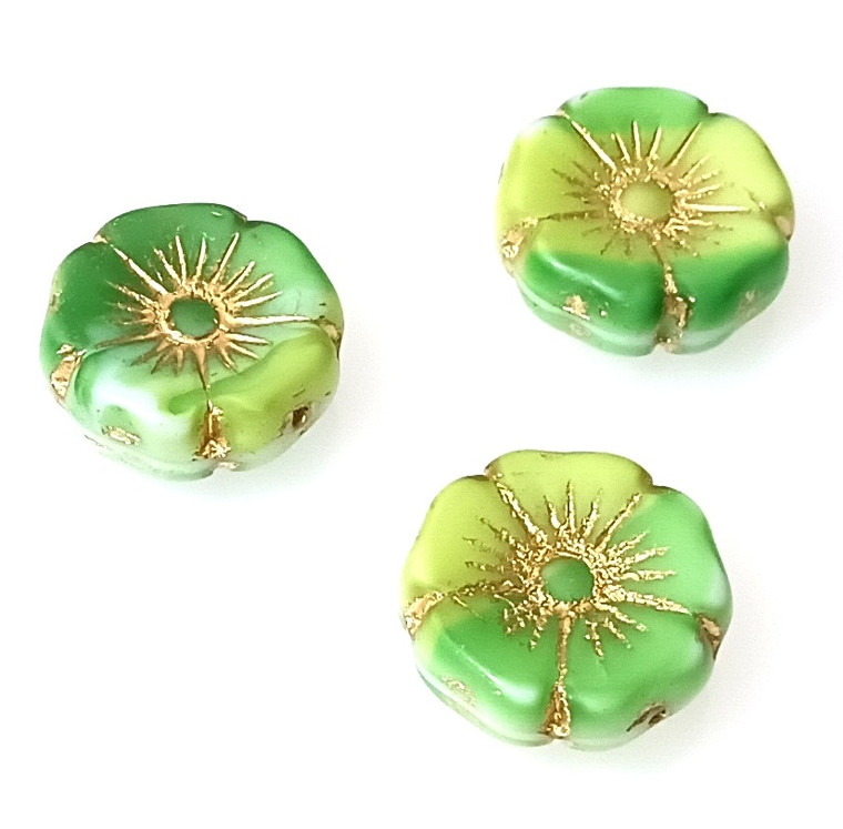 Czech Glass 20mm Hawaii Flower Beads - Green Shade Gold Inlay