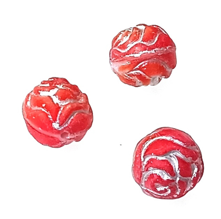 Czech Glass 13mm Rose Flower Beads - Cream Red Silver Fire