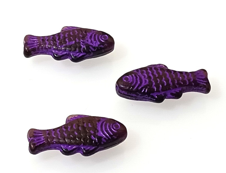 Czech Pressed Glass 25x12mm Fish Beads - Amethyst Purple Inlay